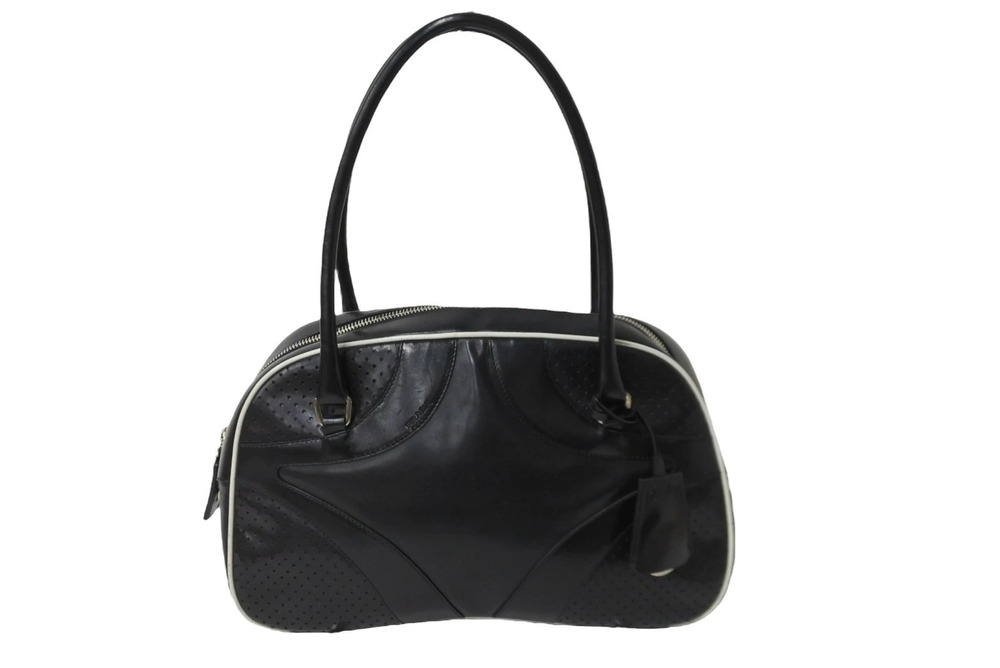 Prada Perforated Handbag Boston Bag VITELLO DRIVE Leather Black White Silver